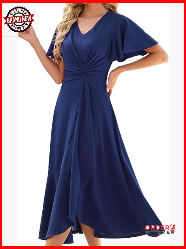 Women's Formal Dress With Pockets Ruffle Sleeve Cocktail Party Midi A-Line
